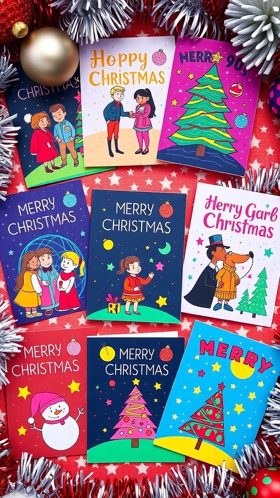 90s Inspired Christmas Card Designs A variety of 90s themed Christmas cards with neon colors and retro designs on a festive background.